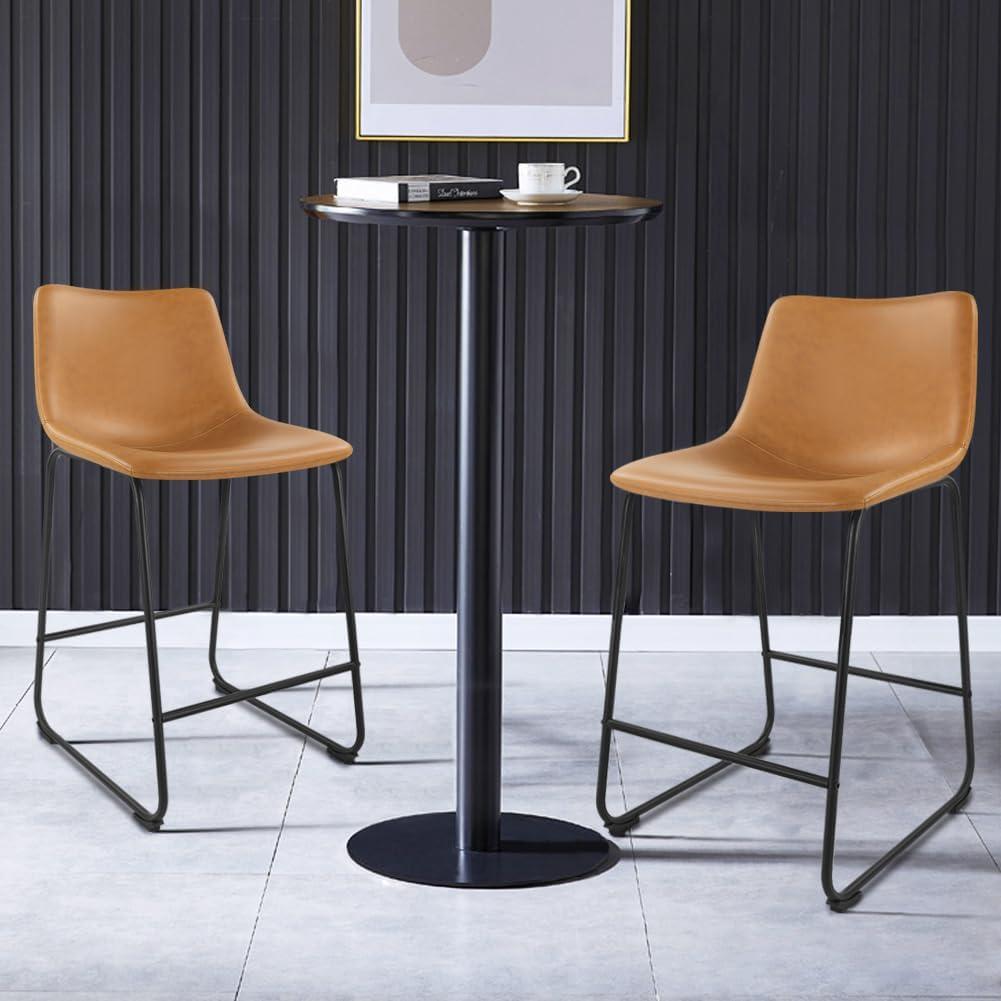 WKWKER Dinning Chairs Set of 2 Faux Leather Industrial Chair Counter Height Chair Metal Legs with Footrest Kitchen Chair for Home Bar Coffee Shop Patio Dining Chair Height 19’’ (Brown, 2pcs)