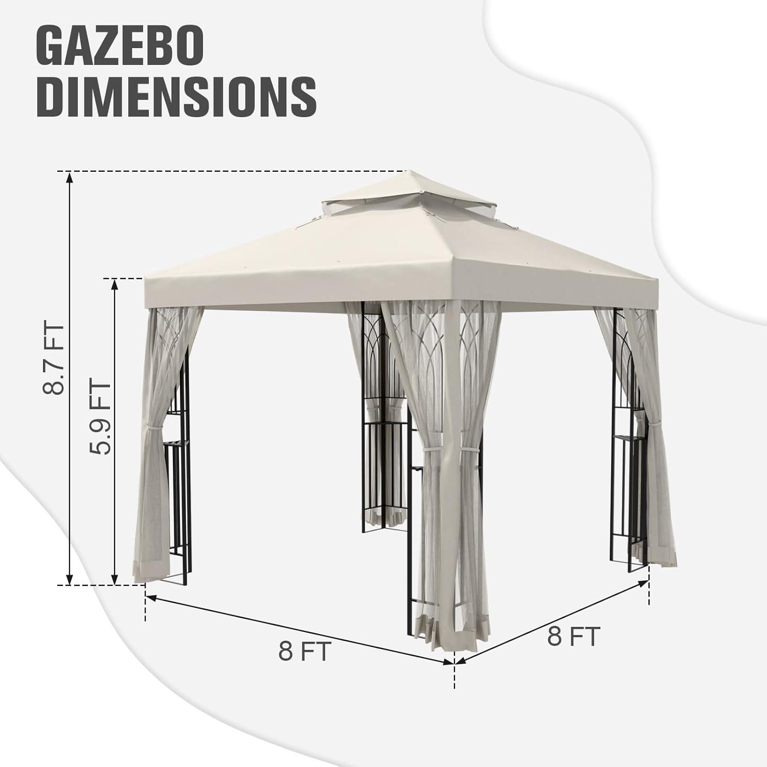 COOS BAY 8 Ft. W x 8 Ft. D Steel Frame Vented Soft Top Patio Gazebo with Mesh Netting, Corner Shelves