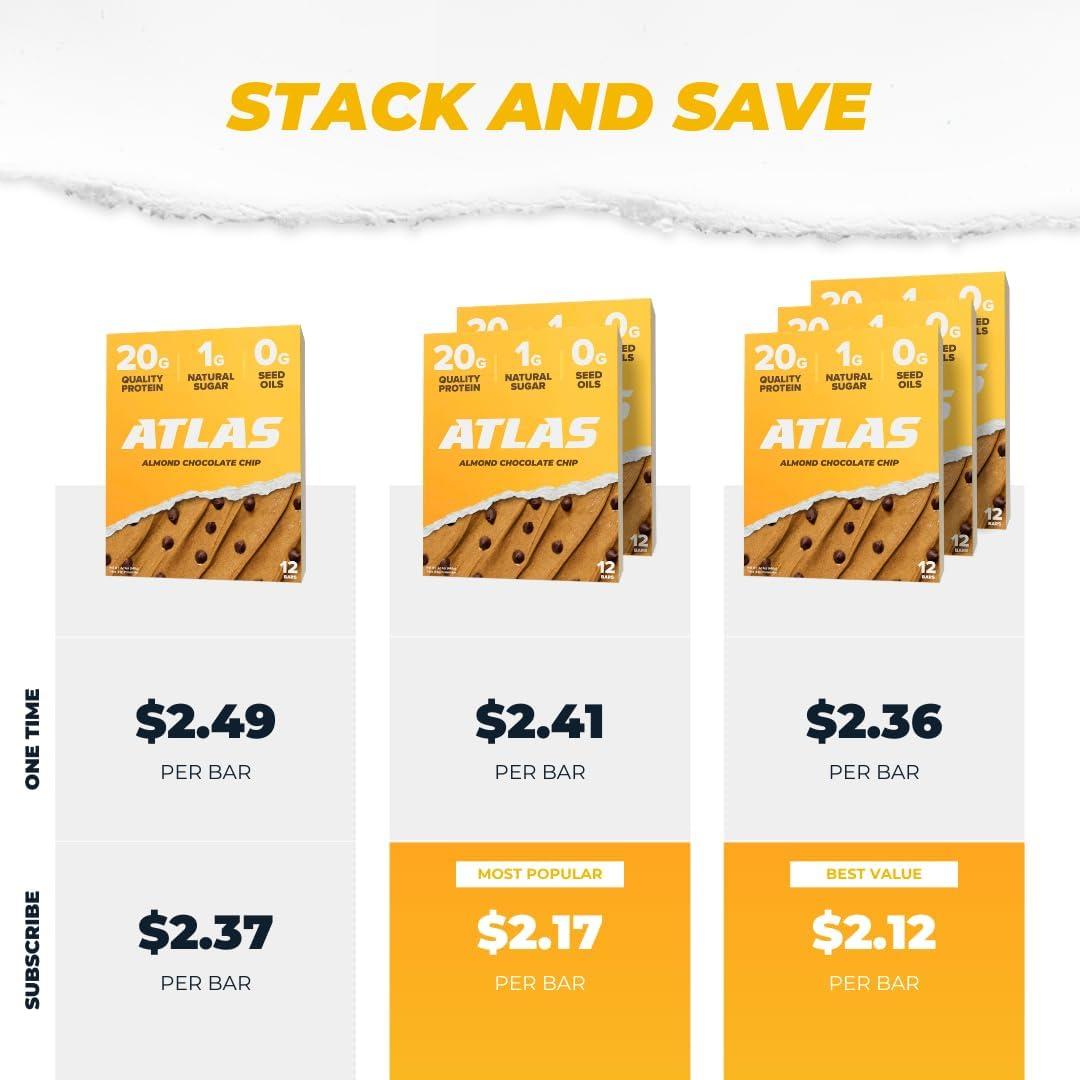 Atlas Bar Grass-Fed Whey Protein Bar, Almond Chocolate Chip, 12 Bars, 1.9 oz (54 g) Each