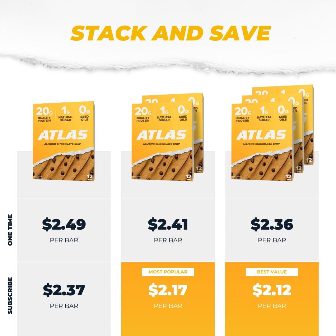Atlas Bar Grass-Fed Whey Protein Bar, Almond Chocolate Chip, 12 Bars, 1.9 oz (54 g) Each
