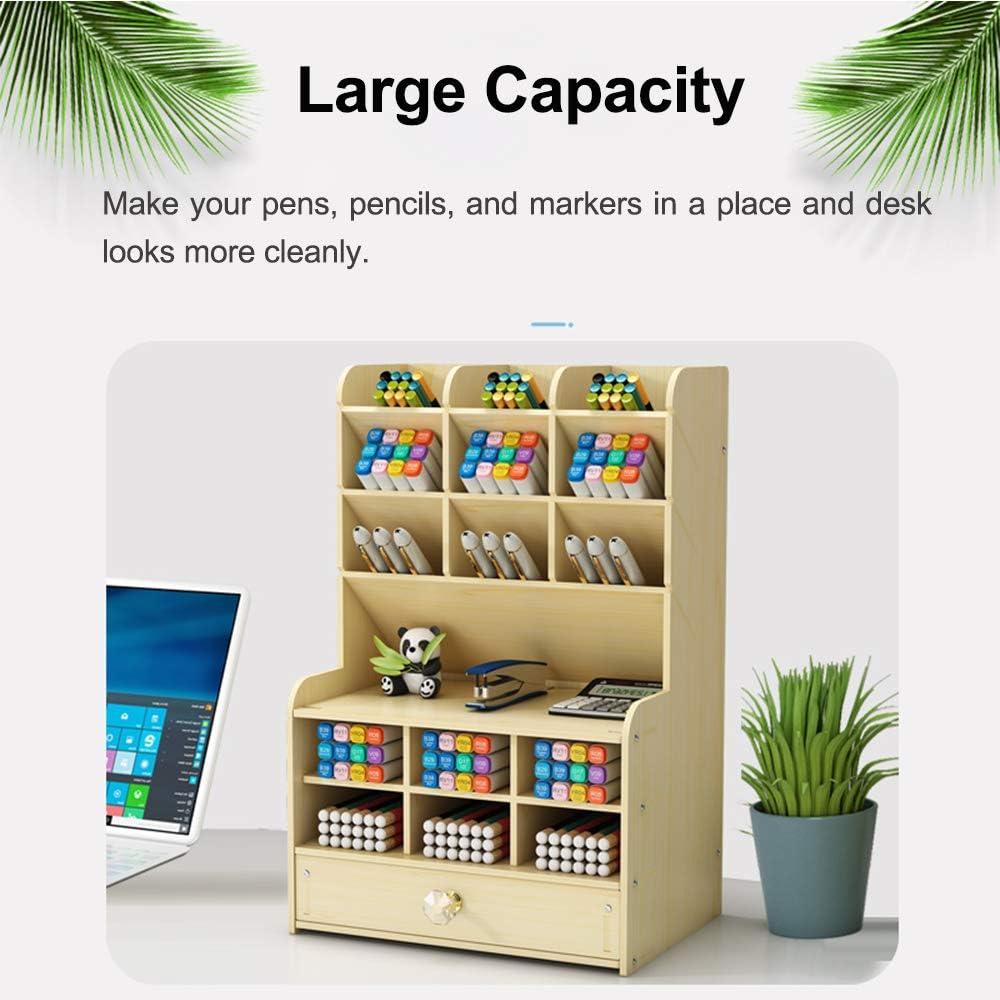 Large Capacity Wooden Desk Organizer - Office Pen Holder, Stationery, School Supplies - A-White Maple