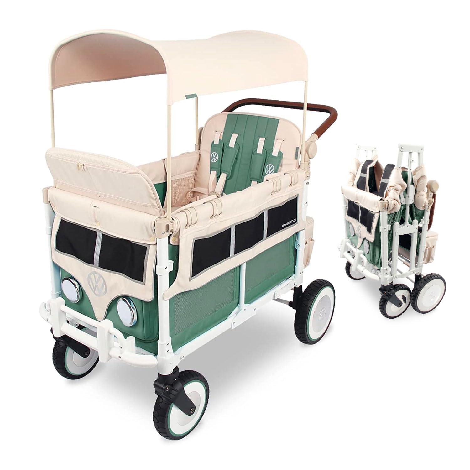 Sage Green Quad All-Terrain Bassinet Stroller Wagon with Vegan Leather Handle