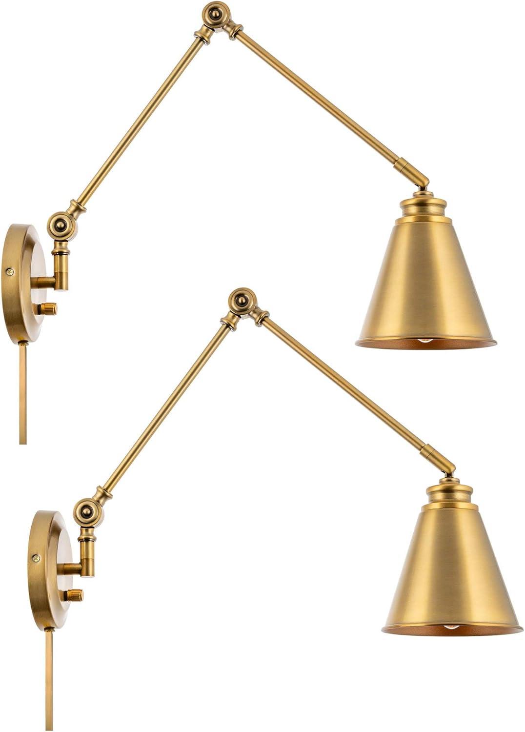 Kira Home Ellis 18" Vintage Industrial Swing Arm Wall Lamp - Plug in/Wall Mount + Cord Covers, Warm Brass Finish, 2-Pack