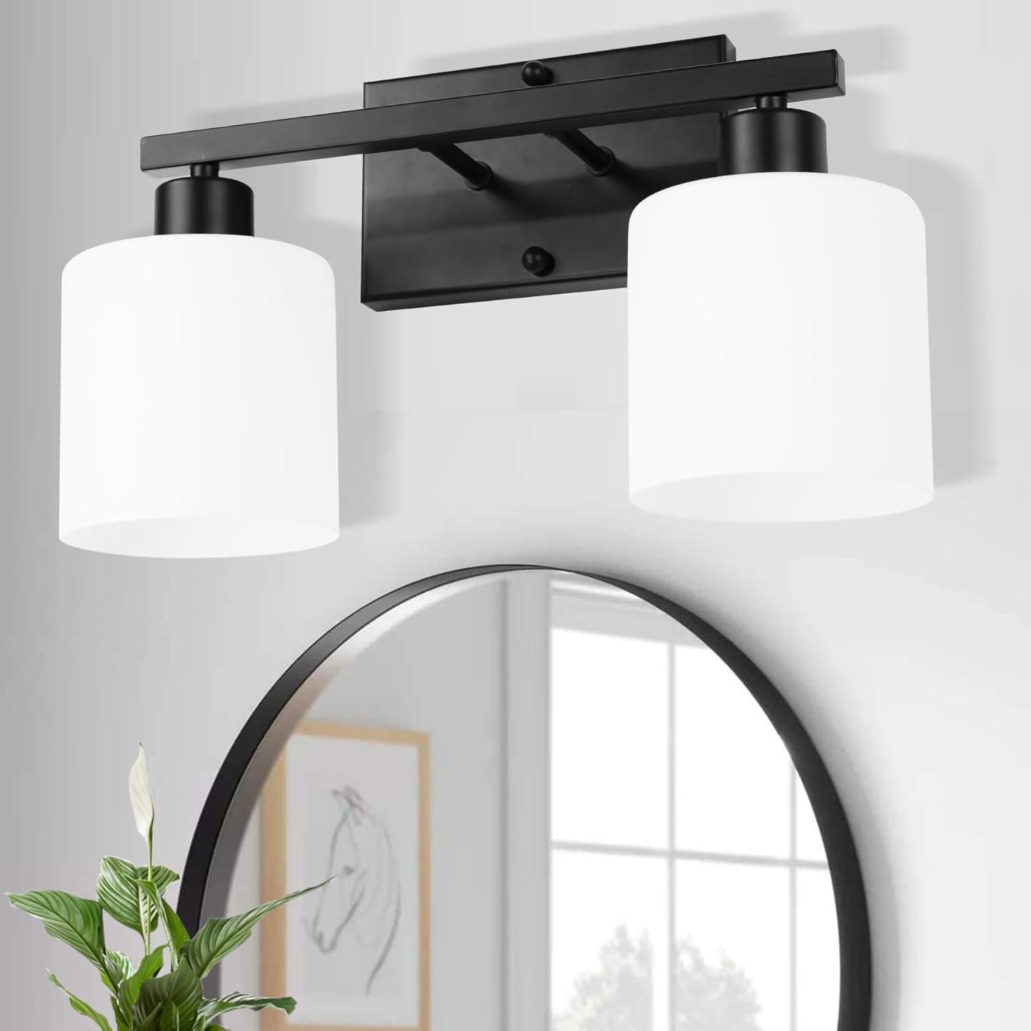 Black Matte 2-Light Bathroom Vanity Fixture with Milky White Glass Shades