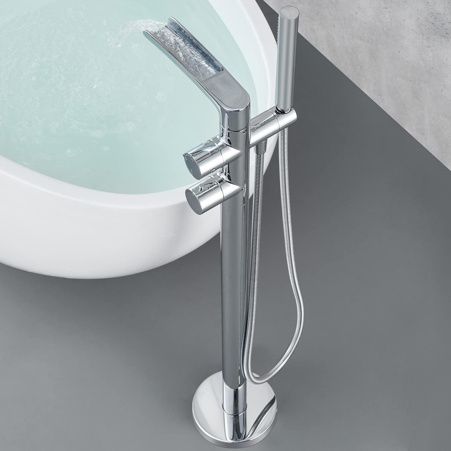 Tub Filler, Freestanding Bathtub Faucet, Floor Mounted Brass Bathroom Tub Faucets with Hand Shower, Chrome