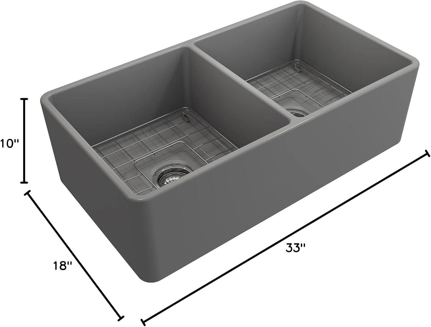Matte Gray Fireclay Double Bowl Farmhouse Kitchen Sink
