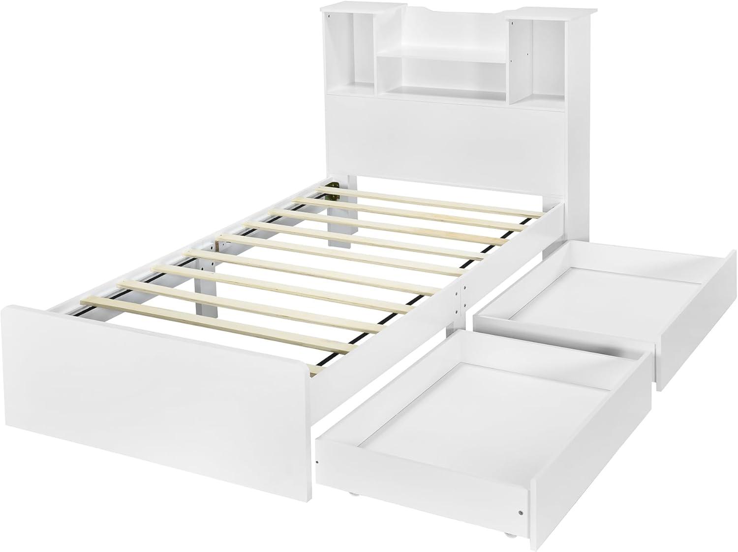 Harper & Bright Designs Twin Size Bed with Storage Headboard and Drawers, Solid Wood Twin Platform Bed Frame with 2 Drawers, 4 Shelves and LED Light, No Box Spring Needed - White