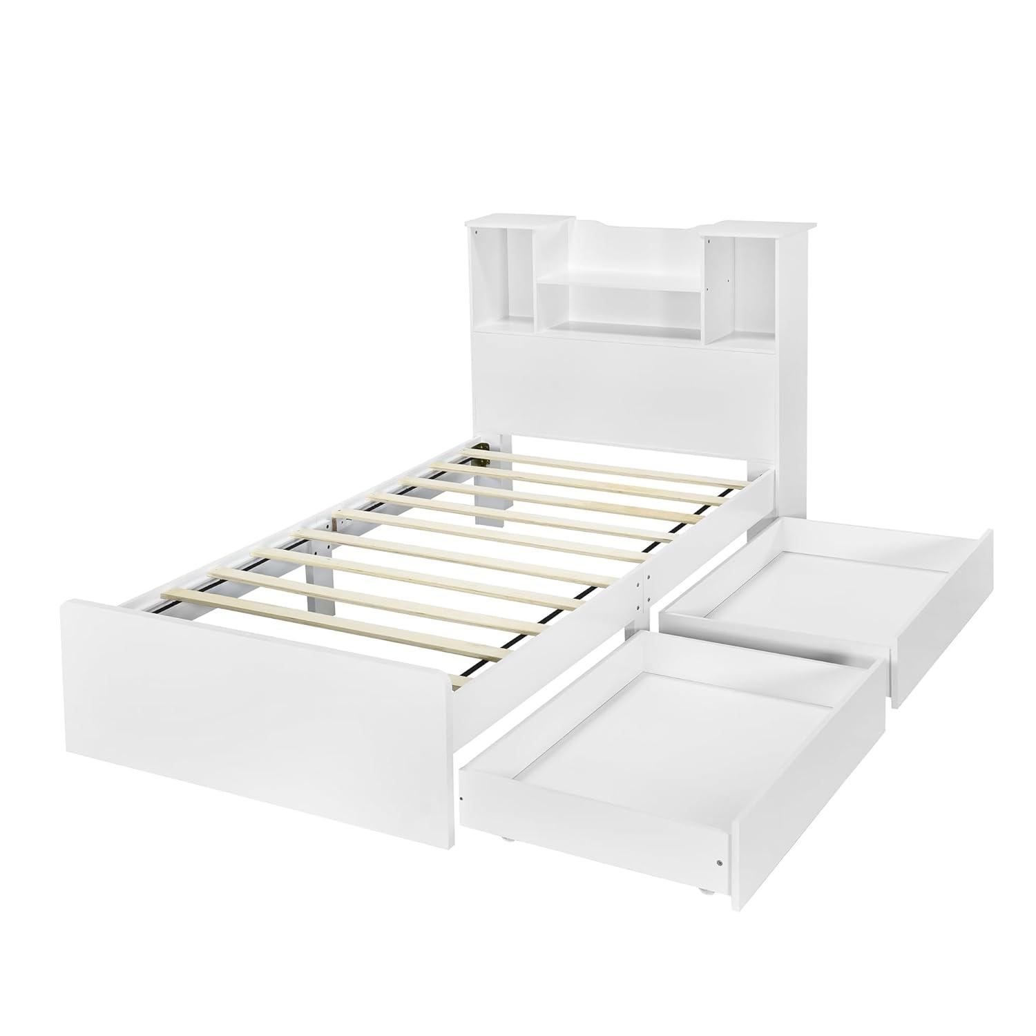 Harper & Bright Designs Twin Size Bed with Storage Headboard and Drawers, Solid Wood Twin Platform Bed Frame with 2 Drawers, 4 Shelves and LED Light, No Box Spring Needed - White