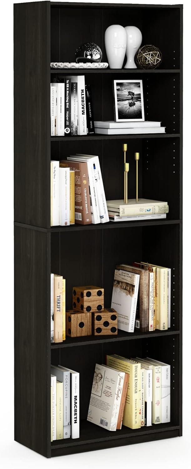 Espresso Adjustable 5-Shelf Wooden Bookcase with Storage Cubes