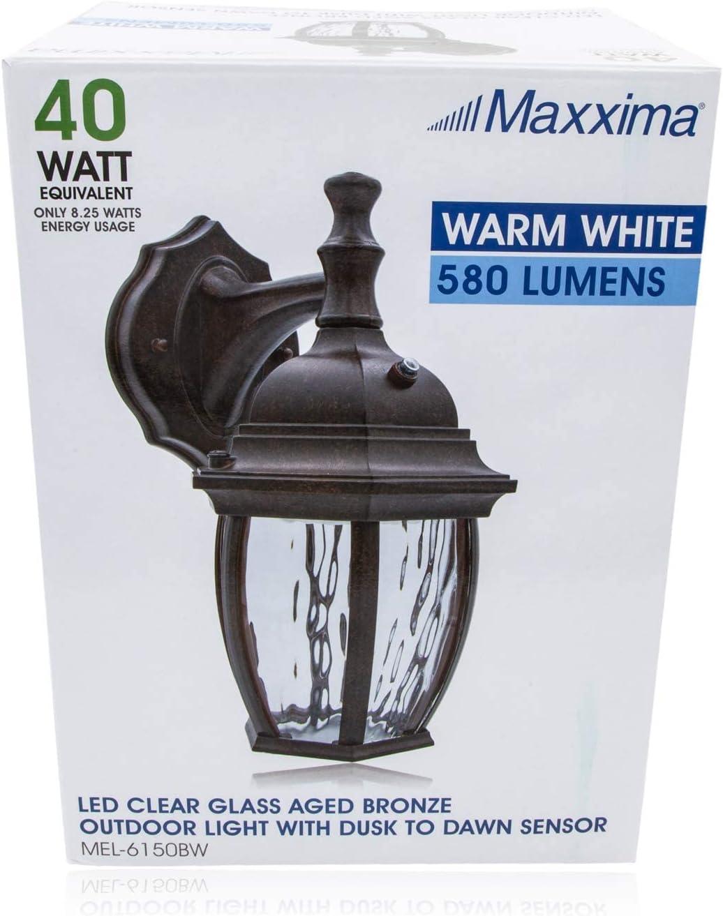 Maxxima LED Outdoor Wall Light, Aged Bronze w/Clear Water Glass, Dusk to Dawn Sensor, 580 Lumens Warm White