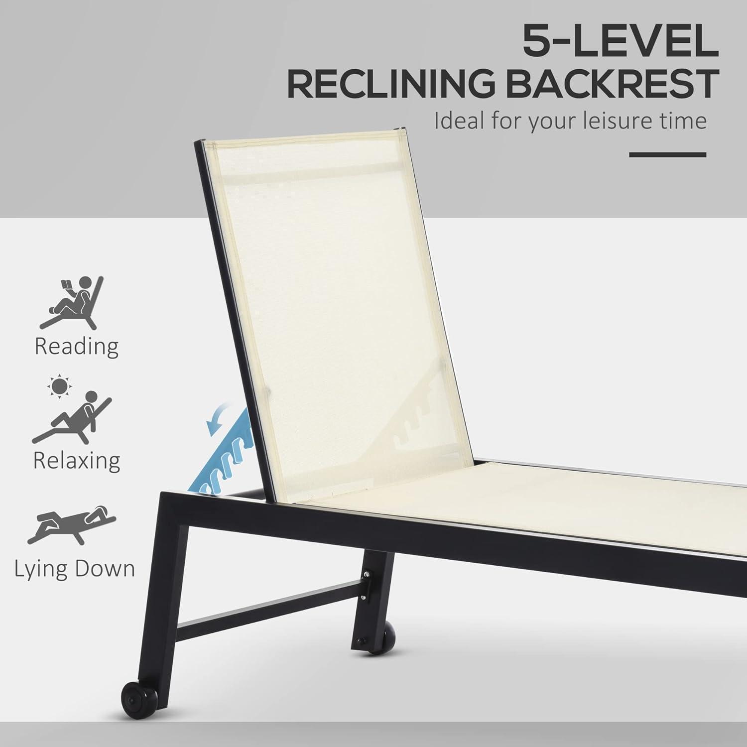 Outsunny Chaise Lounge Outdoor Pool Chair with Wheels, Five Position Recliner for Suntanning, Sunbathing, Steel Frame, Breathable Fabric, Cream White
