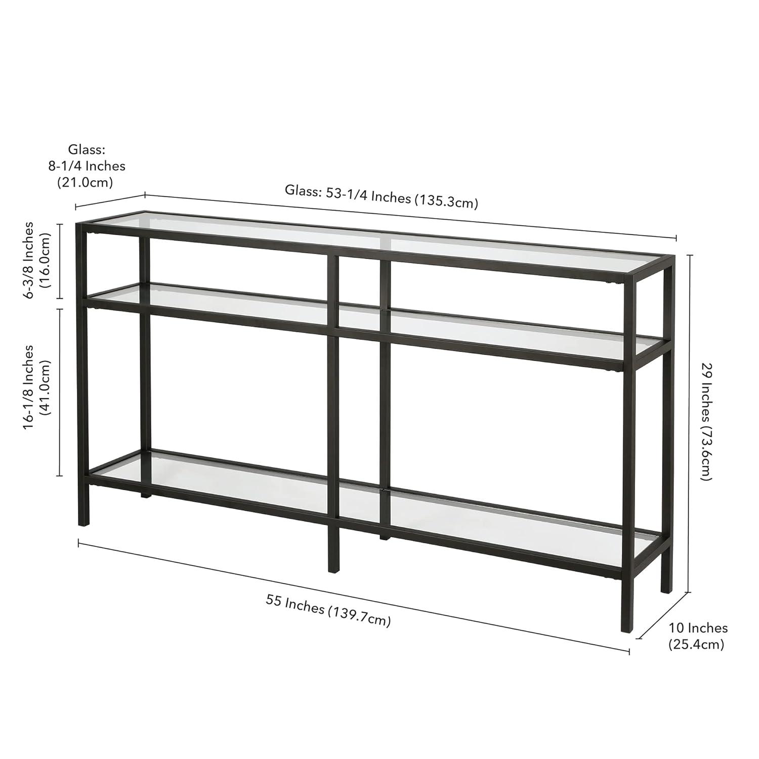 Sivil 55" Blackened Bronze and Black Metal Console Table with Glass Top