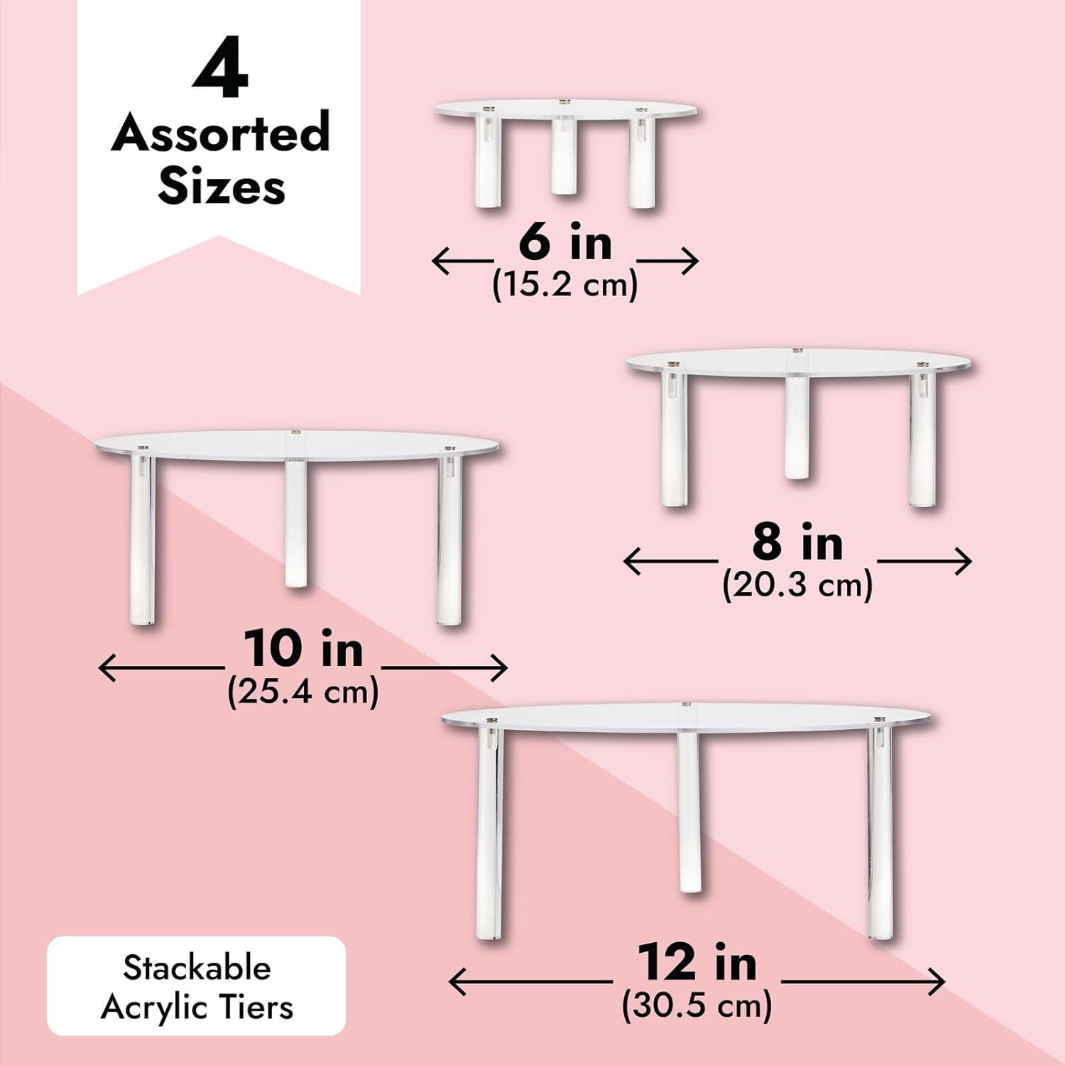 4 Piece Round Acrylic Cake Stand for Dessert Table, Clear Risers for Weddings, Birthday Parties, and Candy Bar (4 Sizes)