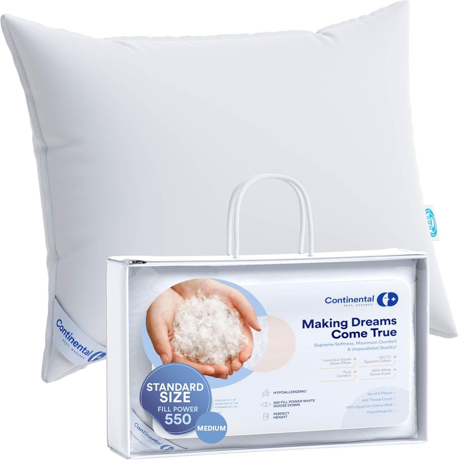 ContinentalBedding Continental Bedding 1-Pack Soft Down Pillow, 550FP, 75% Down 25% Feather, Cotton Cover, Standard, Queen, King Size