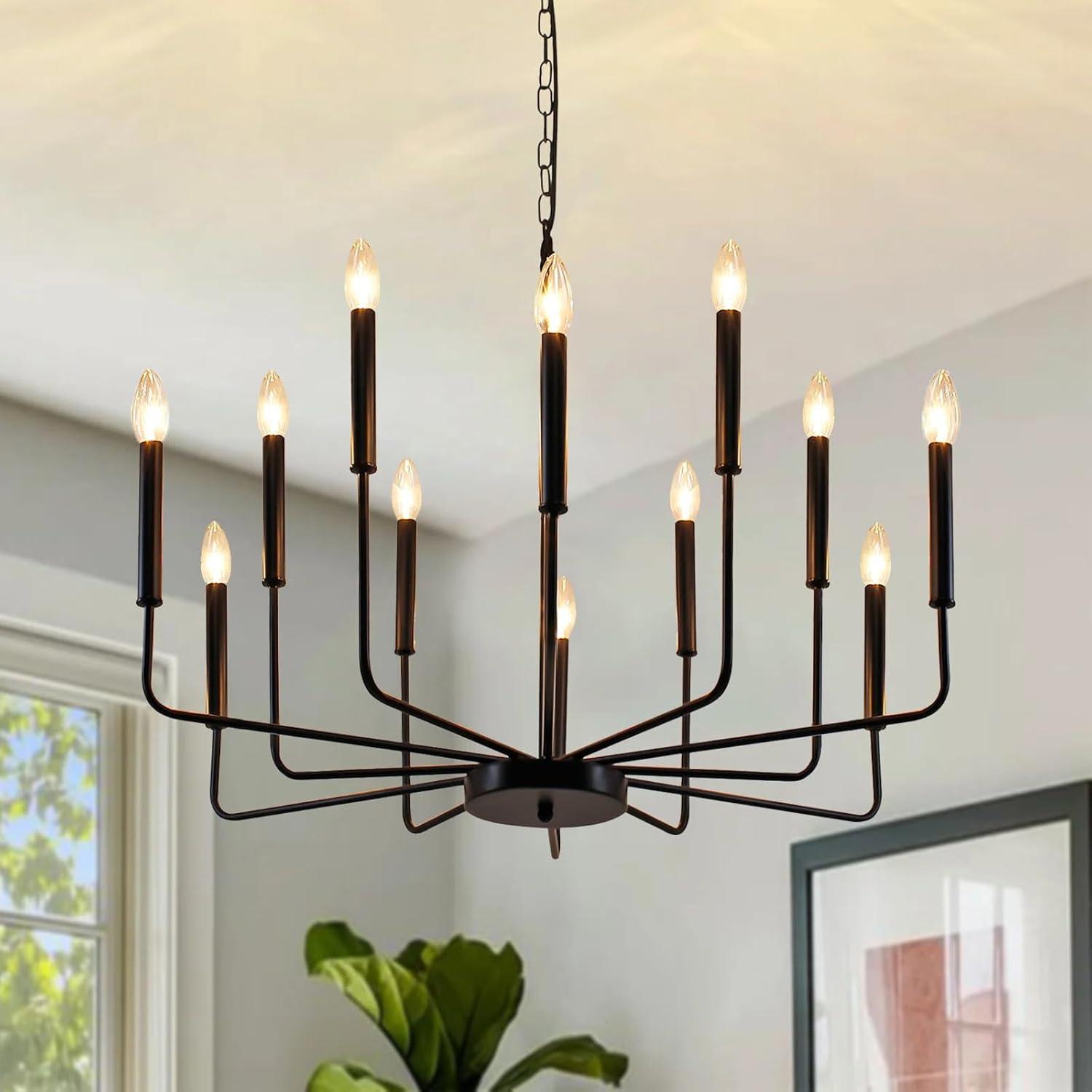 Black Chandelier, 12-Light Farmhouse Chandeliers for Dining Room, Classic Candle Ceiling Pendant Light Fixture for Living Room, Foyer, Kitchen Island, Bedroom, Entryway