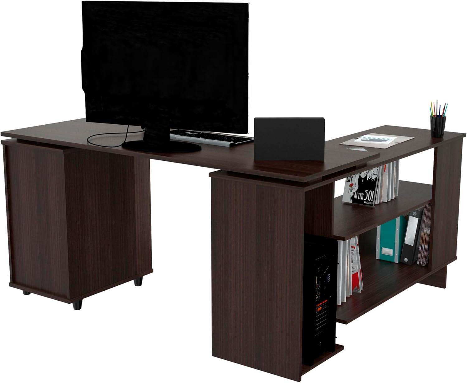 Inval L-Shaped Reversible Computer Desk, Espresso