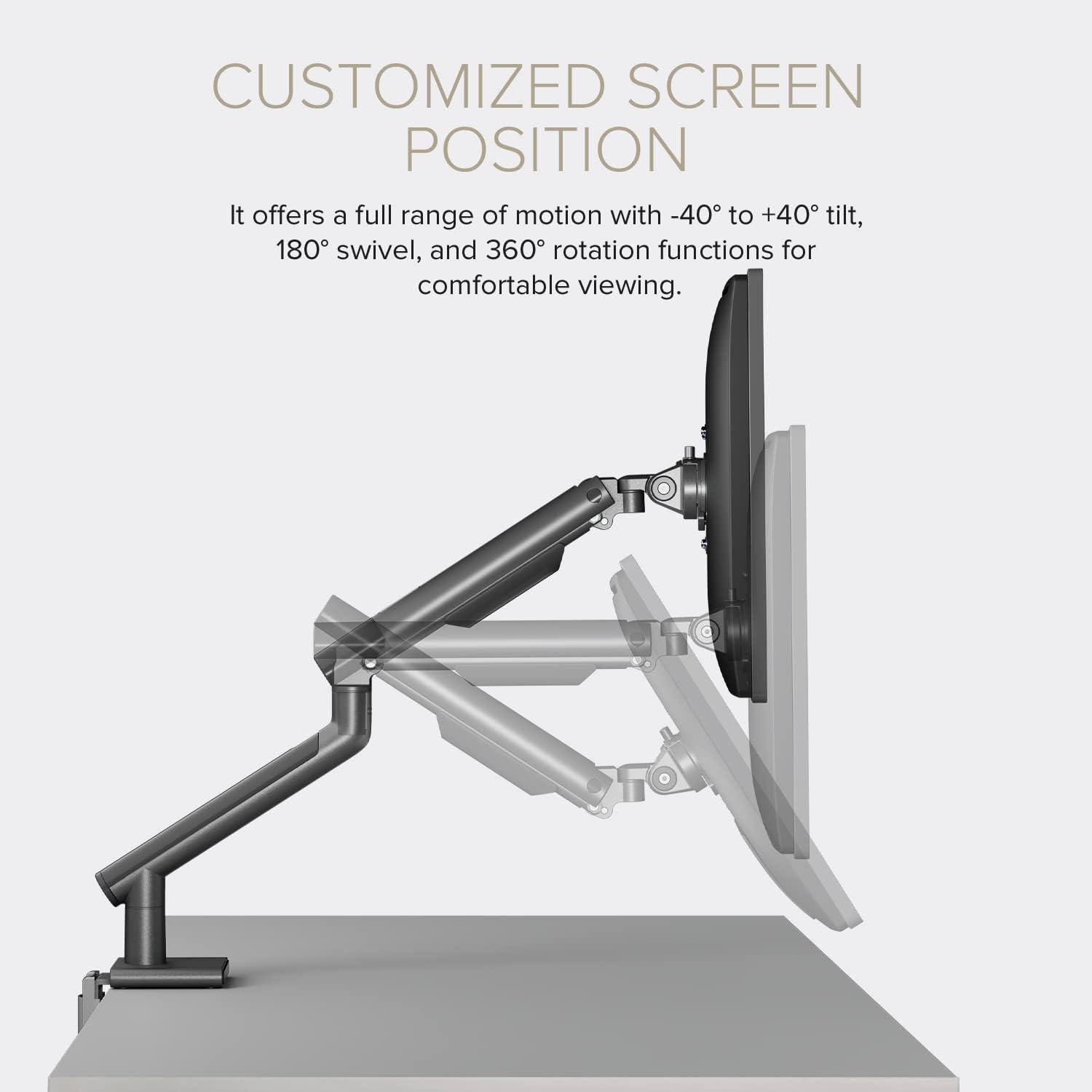 POUT Eyes 12 Single Aluminum Monitor Arm - Fully Adjustable Full Motion Tilt Swivel Rotate Spring Desk Mount Stand - Clamp & Grommet Base - Supports 4-20lbs 75x75mm 17-32 Inch Display (Grey/Black)