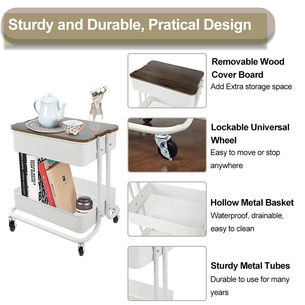 Melody House 2 Tier Metal Utility Rolling Cart Storage Organizer with Cover Board, Mobile Trolley Sofa Side Table with Wheels for Office Home Kitchen Organization, White