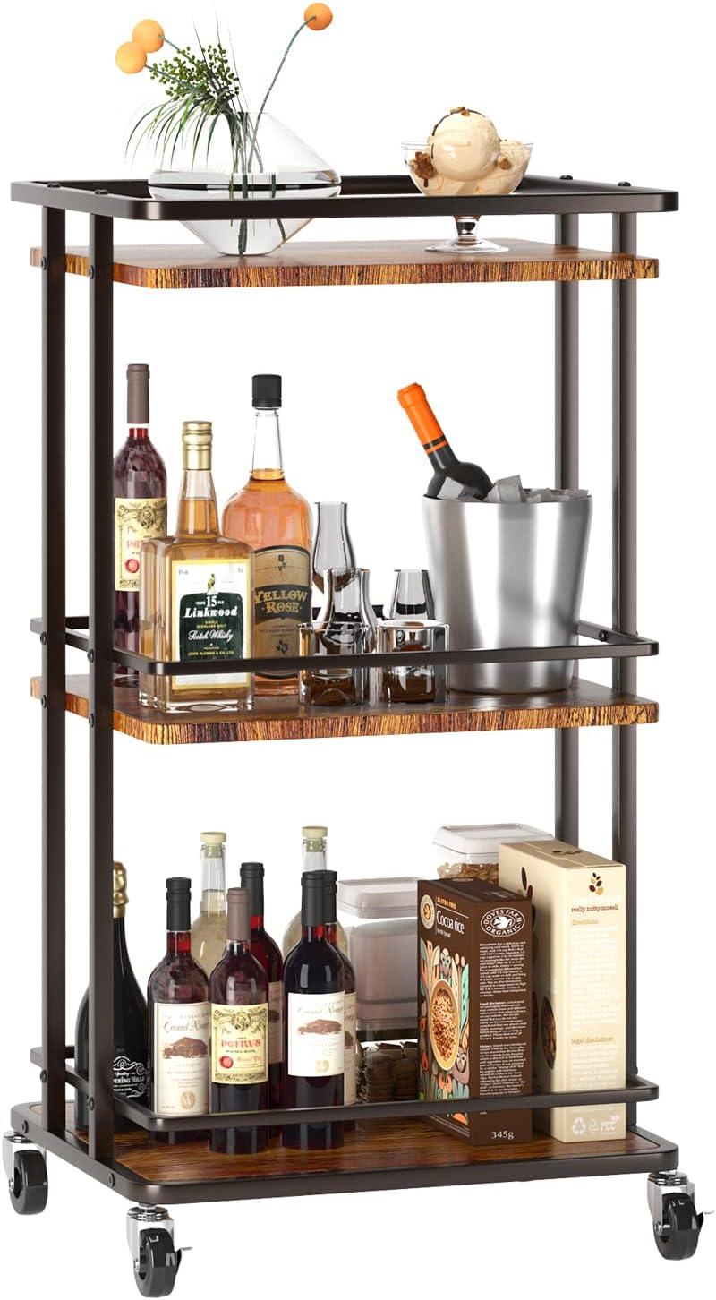 3 Tier Bar Cart for Home, Rolling Mini Liquor Bar Cabinet with Wine Rack and Glass Holder, Home Bar Serving Cart on Wheels for Dinner Party Wine Alcohol Drink, Bar Stand for Living Room Kitchen