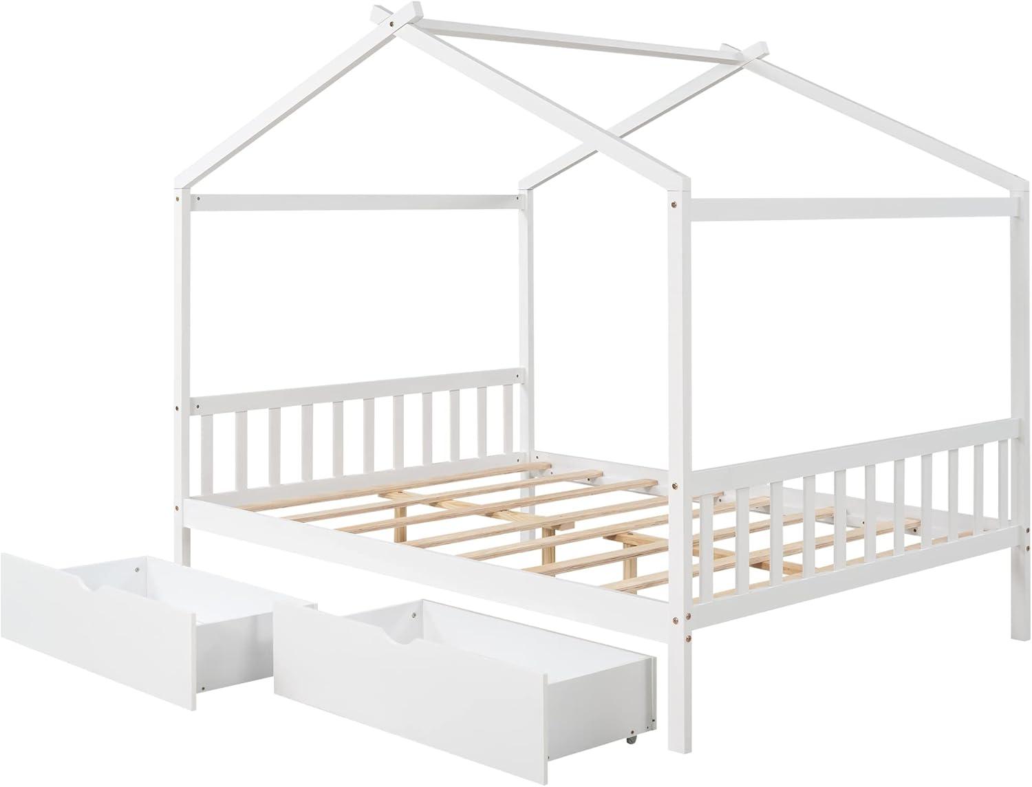 Kumix Platform Bed with Two Drawers, Wooden House Platform Bed Full Size with Headboard and Footboard, Roof Design for Kids Teens Boys and Girls, Noise-Free, No Box Spring Needed, White