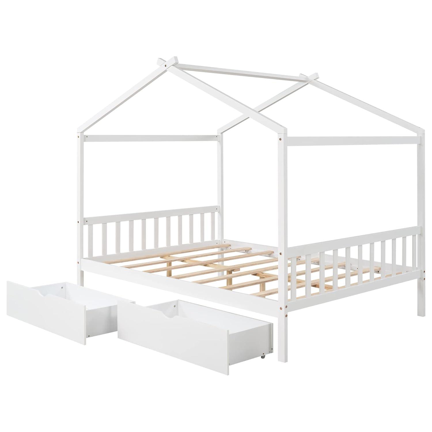 Kumix Platform Bed with Two Drawers, Wooden House Platform Bed Full Size with Headboard and Footboard, Roof Design for Kids Teens Boys and Girls, Noise-Free, No Box Spring Needed, White