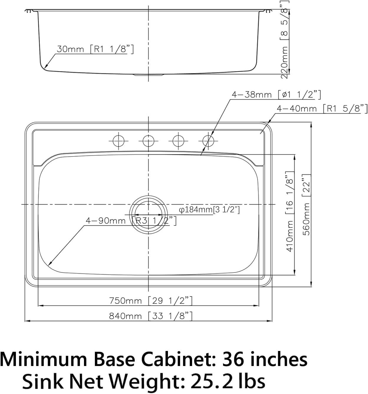 Sinber 33" x 22" Drop In Single Bowl Kitchen Sink with 18 Gauge 304 Stainless Steel Satin Finish