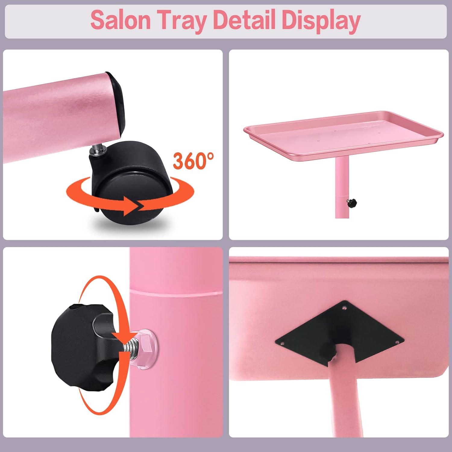 Salon Tray,Height Adjustable Salon Service Rolling Cart,Hair Color Tray with Wheels,Pink