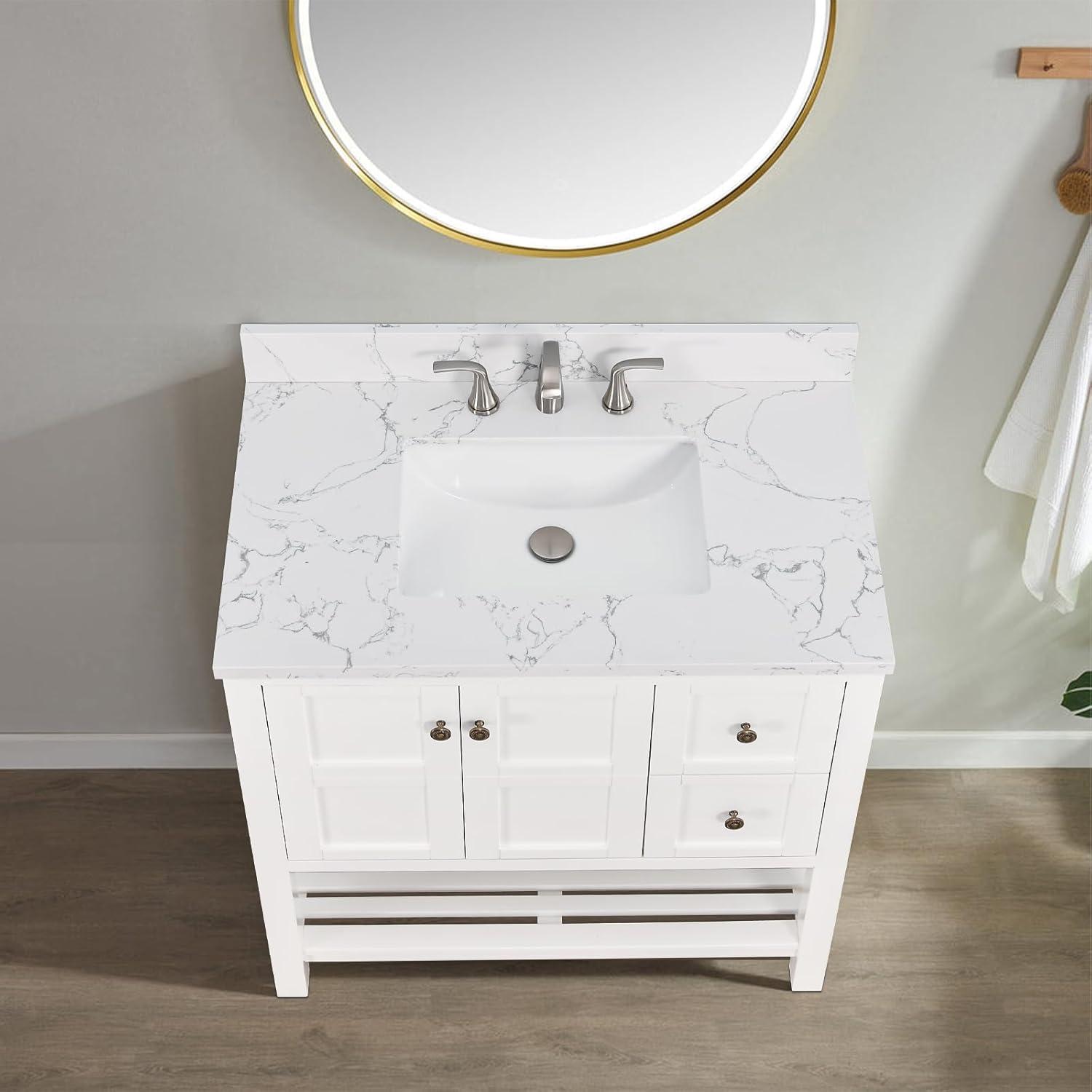 36" White Engineered Stone Vanity Top with Rectangular Sink