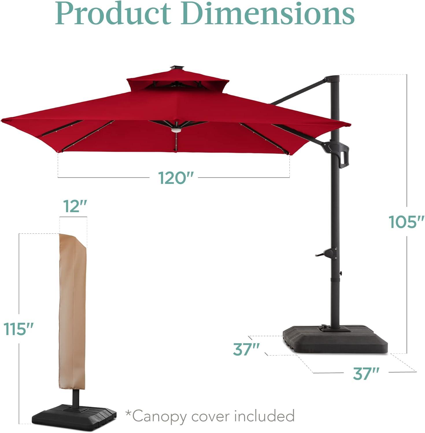 Best Choice Products 10x10ft 2-Tier Square Outdoor Solar LED Cantilever Patio Umbrella w/ Base Included - Red