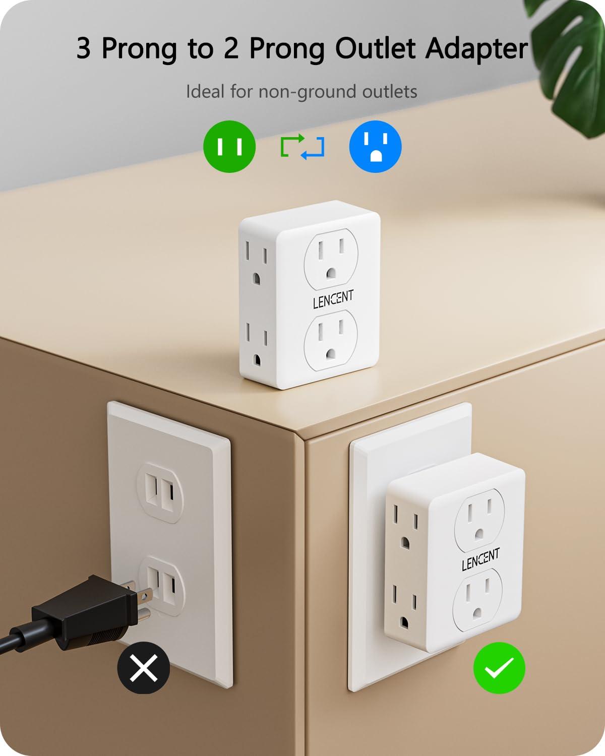 LENCENT Multi Wall Plug Outlet Extender,2 to 3 Prong Outlet Adapter 2 Pack,6 Way outlet Multiple Plugs Outlets Splitter,3-Sided Power Strip,Non-Grounded for Home Office Wall Tap Electrical Outlet