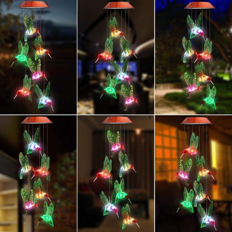 Solar Mobile Wind Chime with Color-Changing LED Lights - Waterproof Hummingbird Wind Chimes for Home, Party, Garden Decoration (Copper Board Hummingbird)