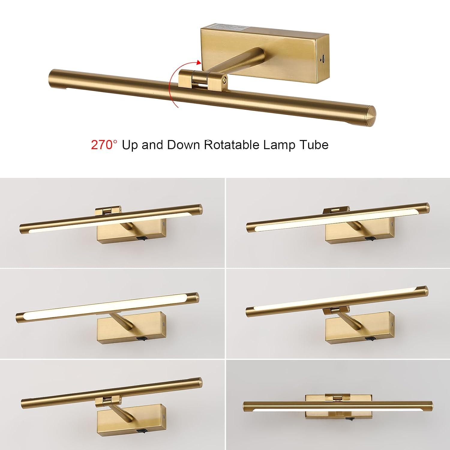 Modern LED Picture Light Dimmable 15.75 "Brass Picture Light lampshade can Rotate up or Down 270 Degrees 3 Color Temperature Display Wall Art Light Battery Powered