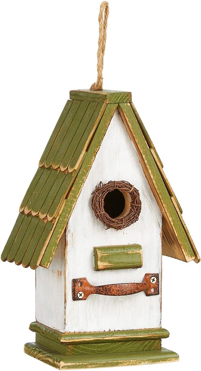 10.5" Hand Painted Distressed Wood Birdhouse with Green Roof