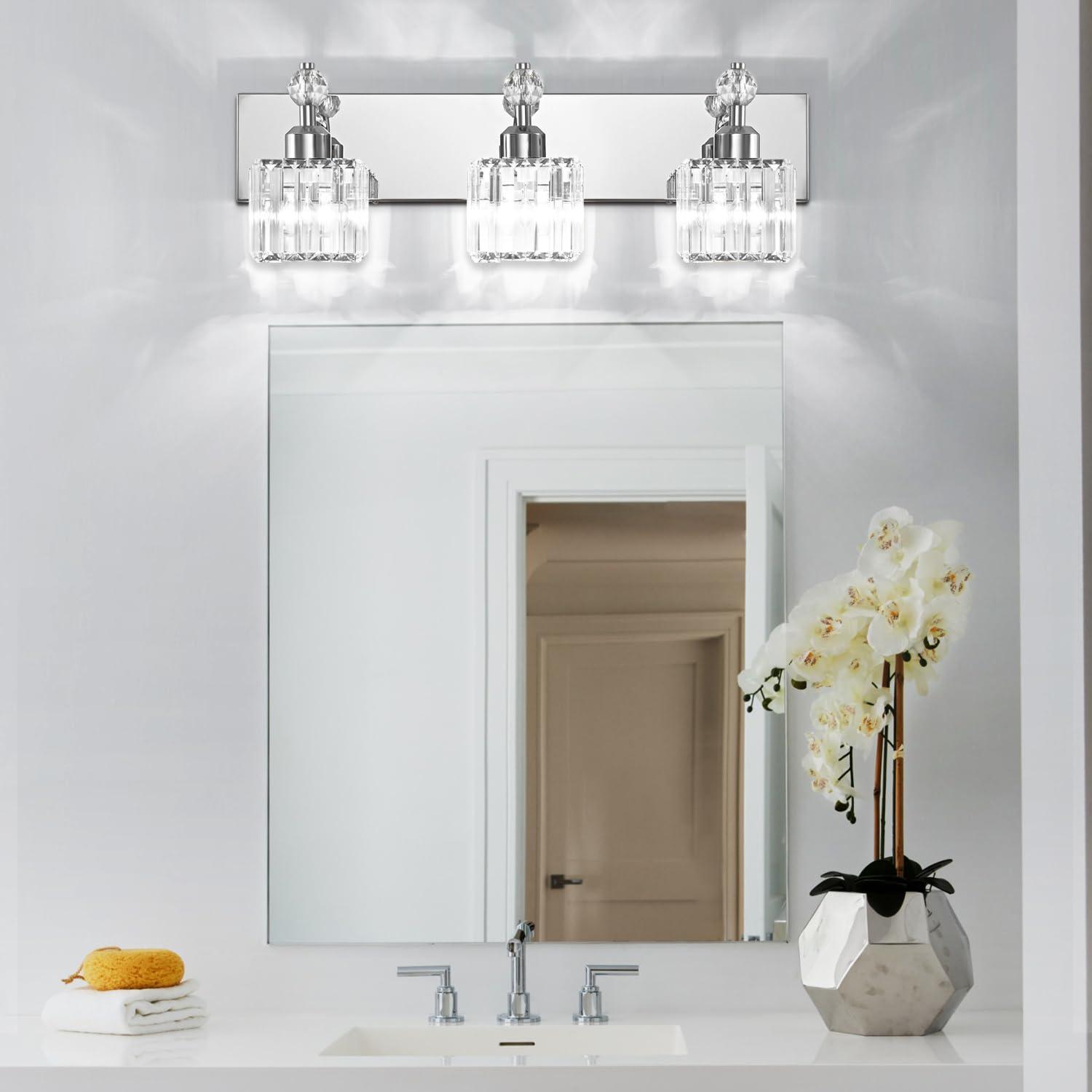 PRESDE Black Crystal Bathroom Lights Fixtures Over Mirror Modern 3 Light Vanity Lighting Bathroom Wall Light Fixtures(Exclude Bulb)