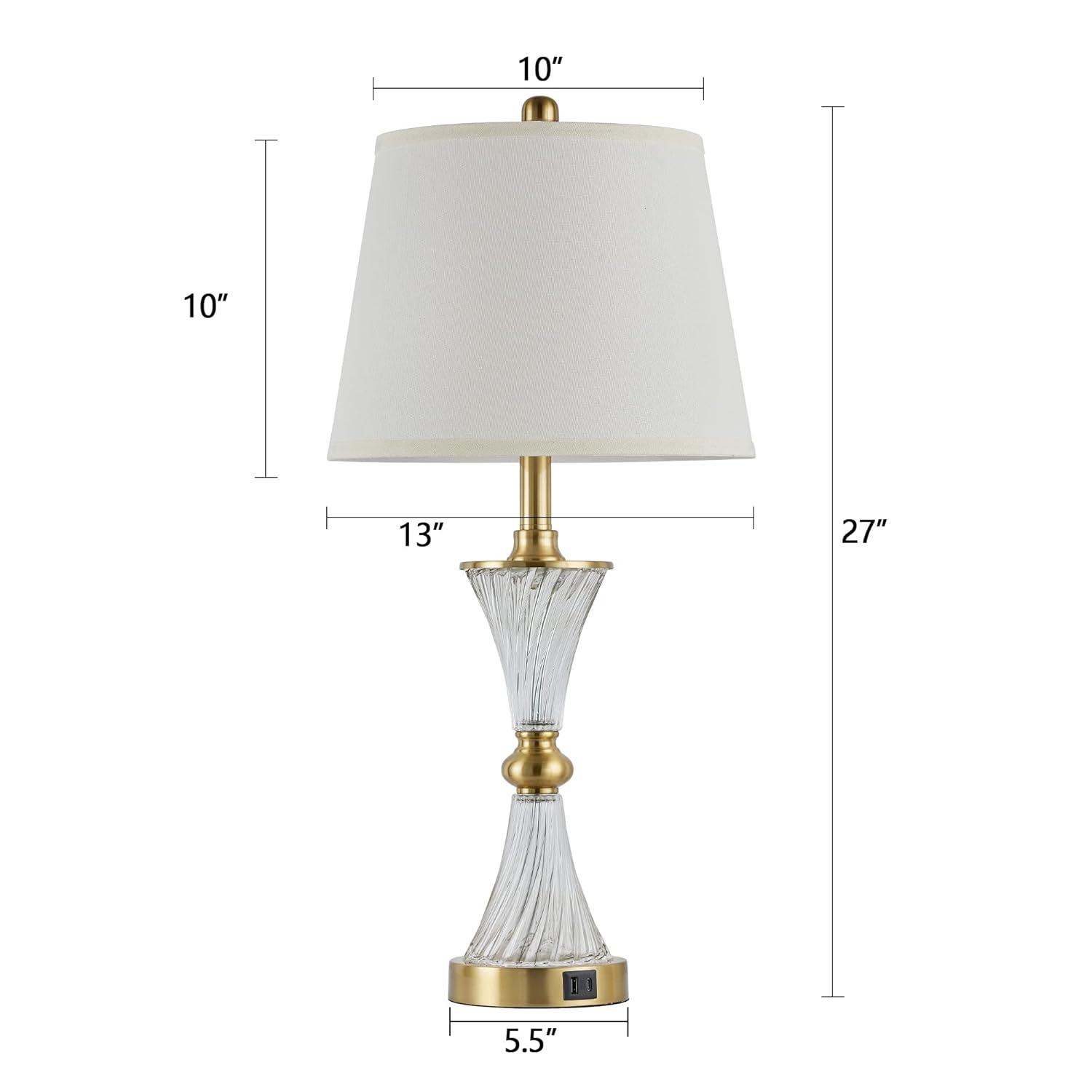 Touch Control Dimmable Table Lamps for Bedrooms, 3-Way Gold Crystal Bedside Lamp with USB Ports, Set of 2 Contemporary End Table Lamps with White Drum Shade for Living Room Reading, LED Bulbs Included