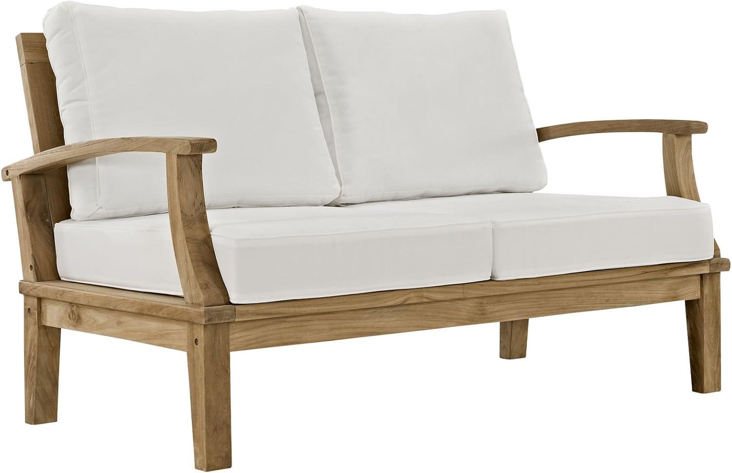 Modway Marina Modern Wood Patio Teak Loveseat in Natural/White