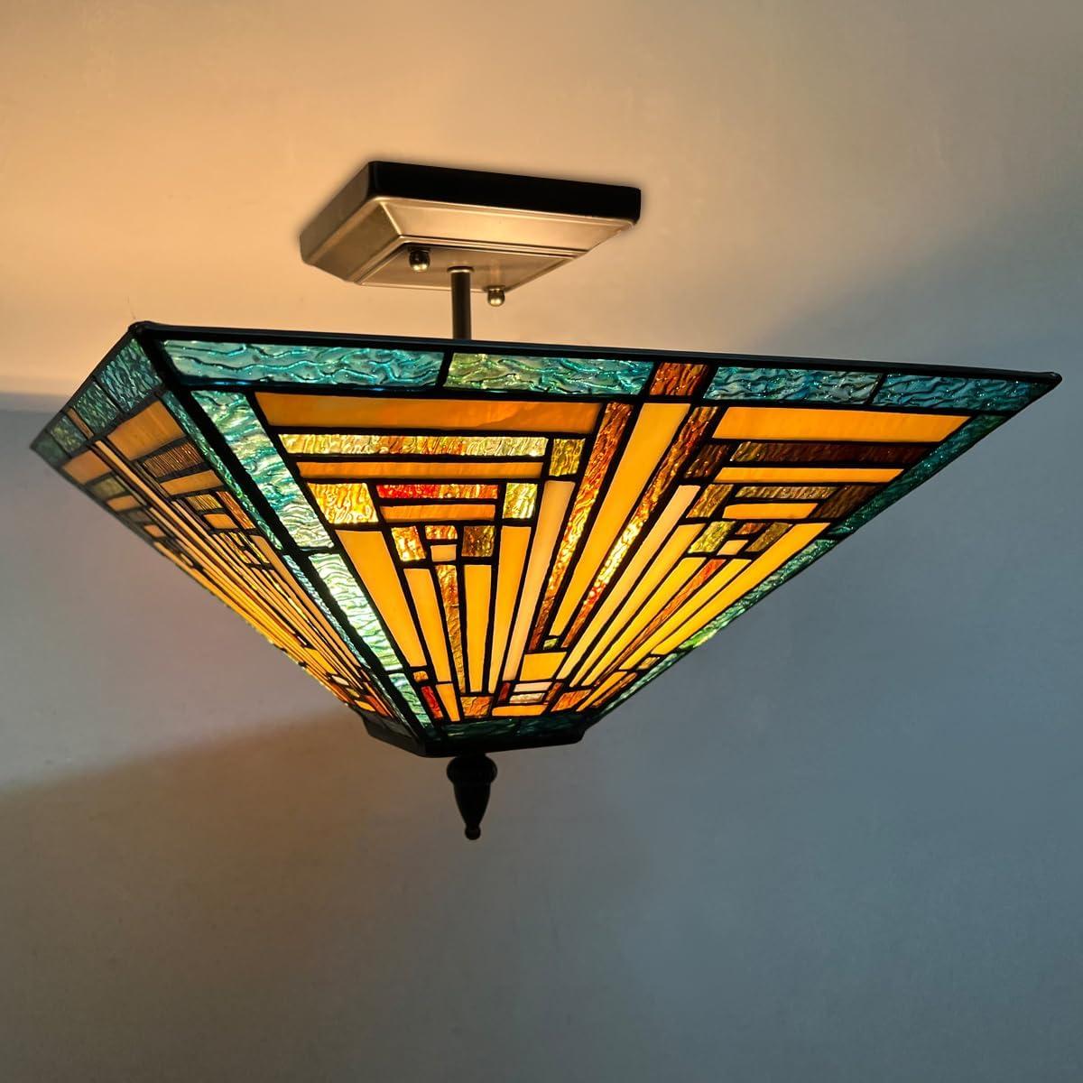Chloe Lighting Innes Tiffany-Style 2 Light Mission Semi-Flush Ceiling Fixture 14" Shade