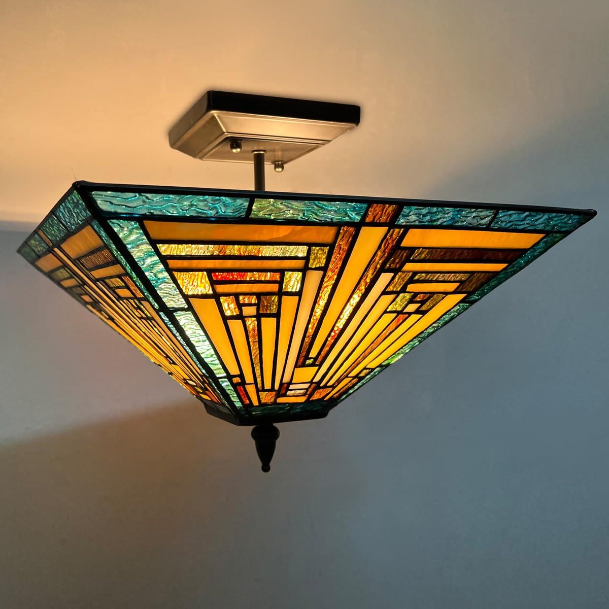 Chloe Lighting Innes Tiffany-Style 2 Light Mission Semi-Flush Ceiling Fixture 14" Shade