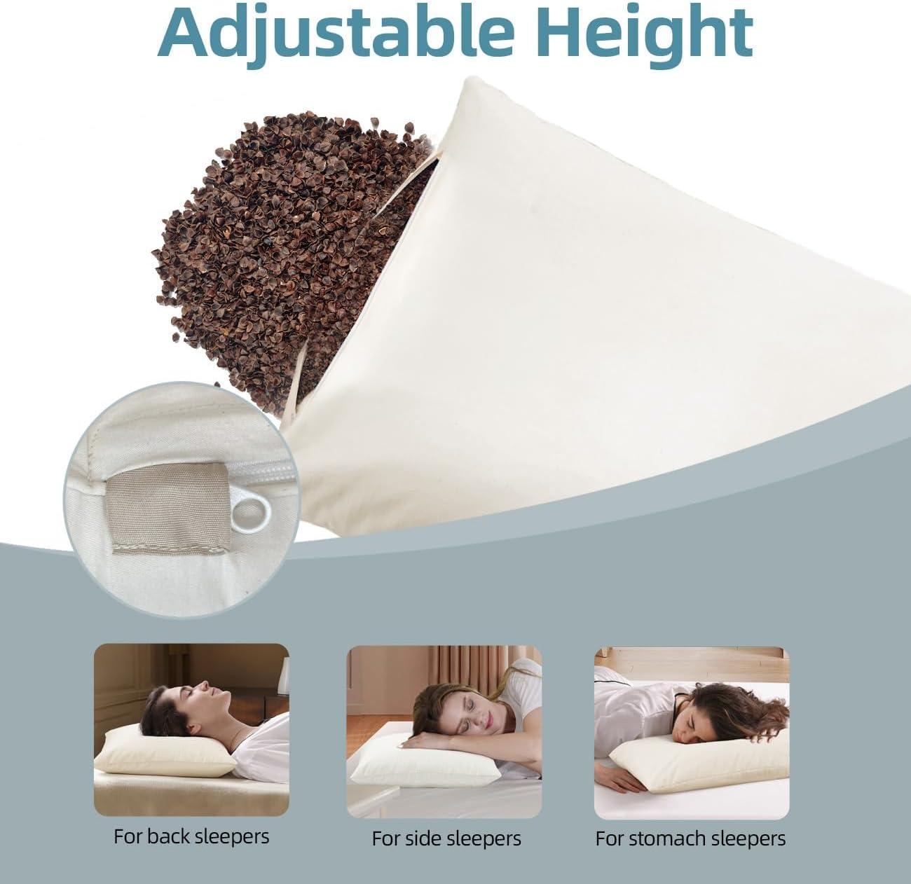 USlixury Buckwheat Pillow 15"X19" with Organic Pillowcase- Adjustable Height and Firmness, Organic and Machine Washable Cover, Firm Neck Support for Back/Side/Stomach Sleepers, Beige