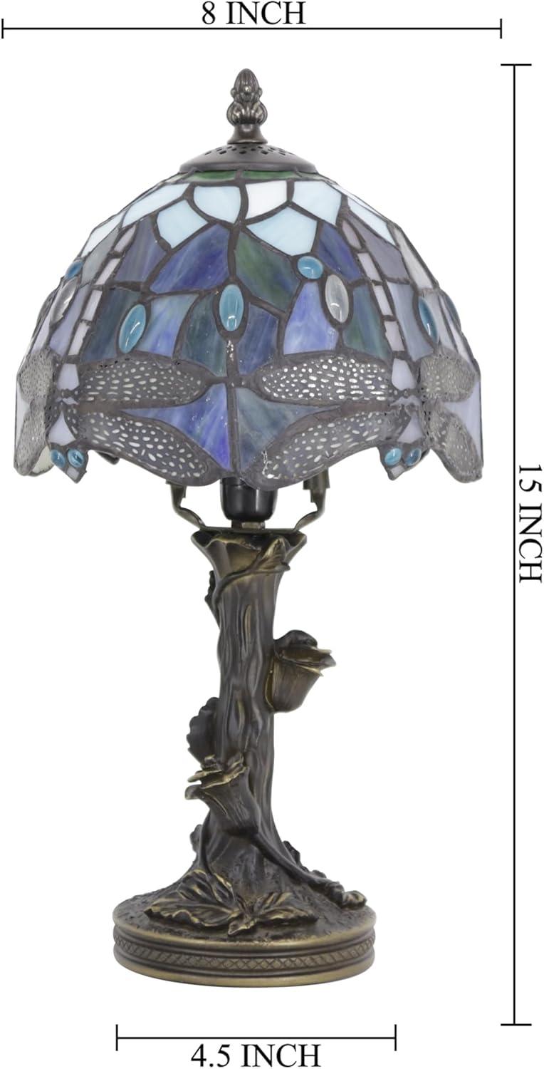 Astoria Grand Mampre Tiffany Mini Table Lamp Dragonfly Blue Stained Glass  LED Bulb Included 8"W*8"D*15"H