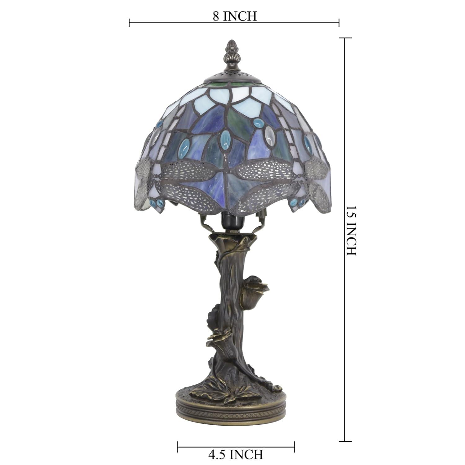 Astoria Grand Mampre Tiffany Mini Table Lamp Dragonfly Blue Stained Glass  LED Bulb Included 8"W*8"D*15"H