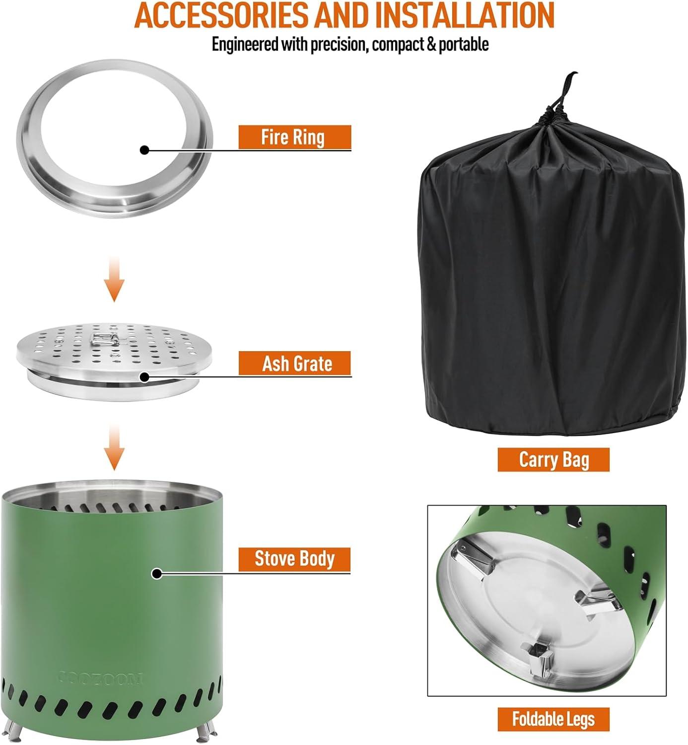 Smokeless Fire Pit 9.6 in. H Outdoor Portable Stainless Steel Tabletop Wood Burning Fire Pit with Storage Bag, Green