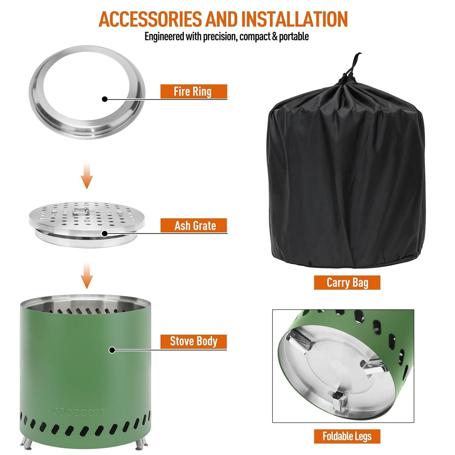Smokeless Fire Pit 9.6 in. H Outdoor Portable Stainless Steel Tabletop Wood Burning Fire Pit with Storage Bag, Green