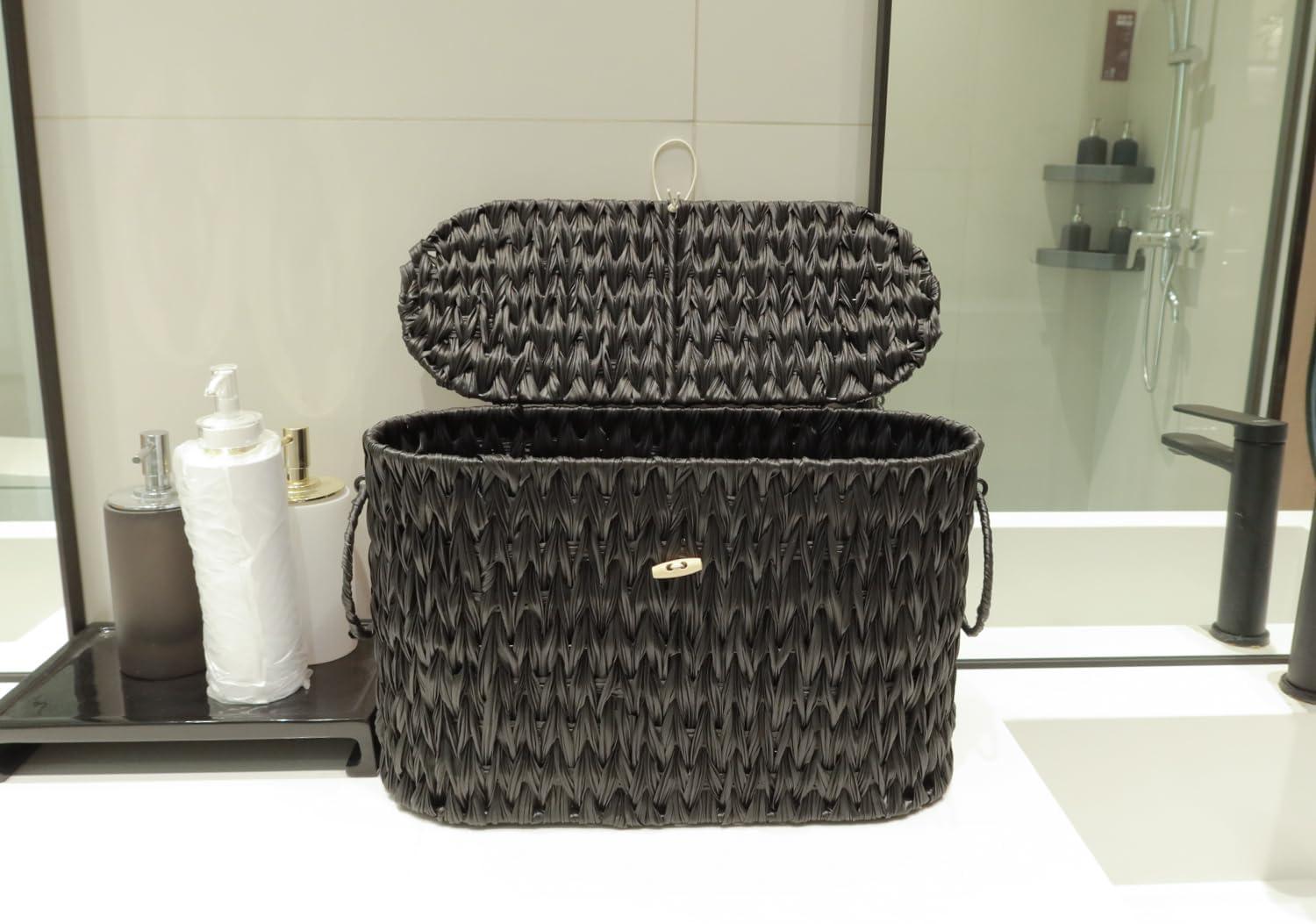 Black Toilet Paper Basket with Lid,Wicker Toilet Paper Storage Stand,Large Narrow Bathroom Towel Basket Mega Roll Container Bin for Toilet Tank,Floor