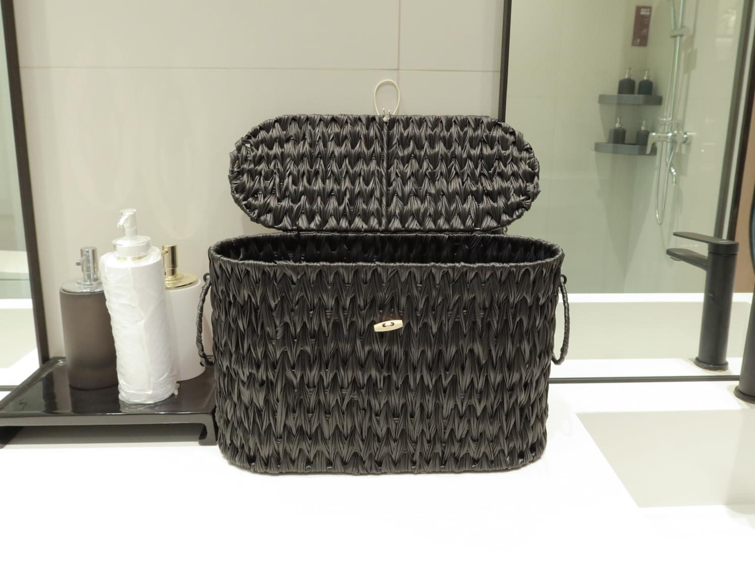 Black Toilet Paper Basket with Lid,Wicker Toilet Paper Storage Stand,Large Narrow Bathroom Towel Basket Mega Roll Container Bin for Toilet Tank,Floor