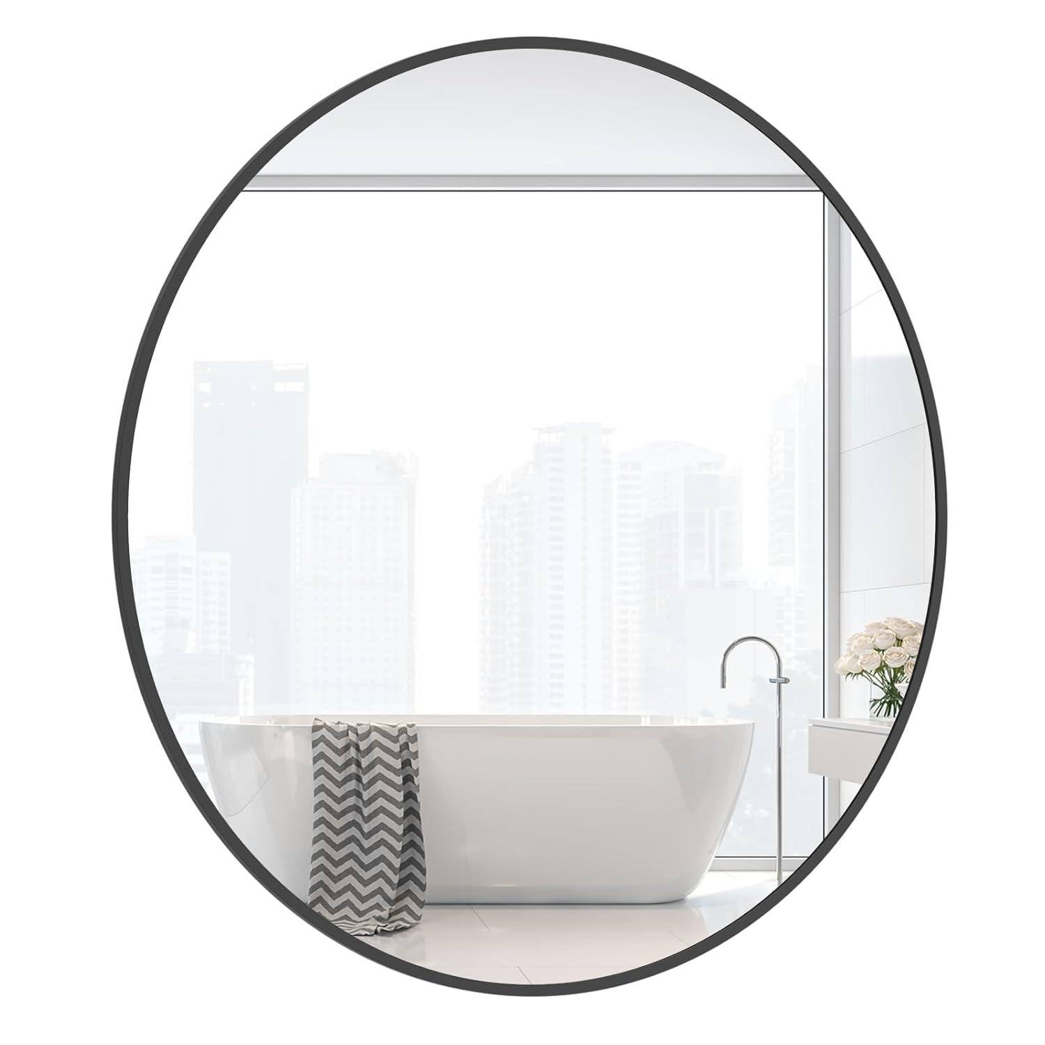 WallBeyond Classic Wooden Frame Farmhouse Round Wall Mirror Satin Black 24 inches Black