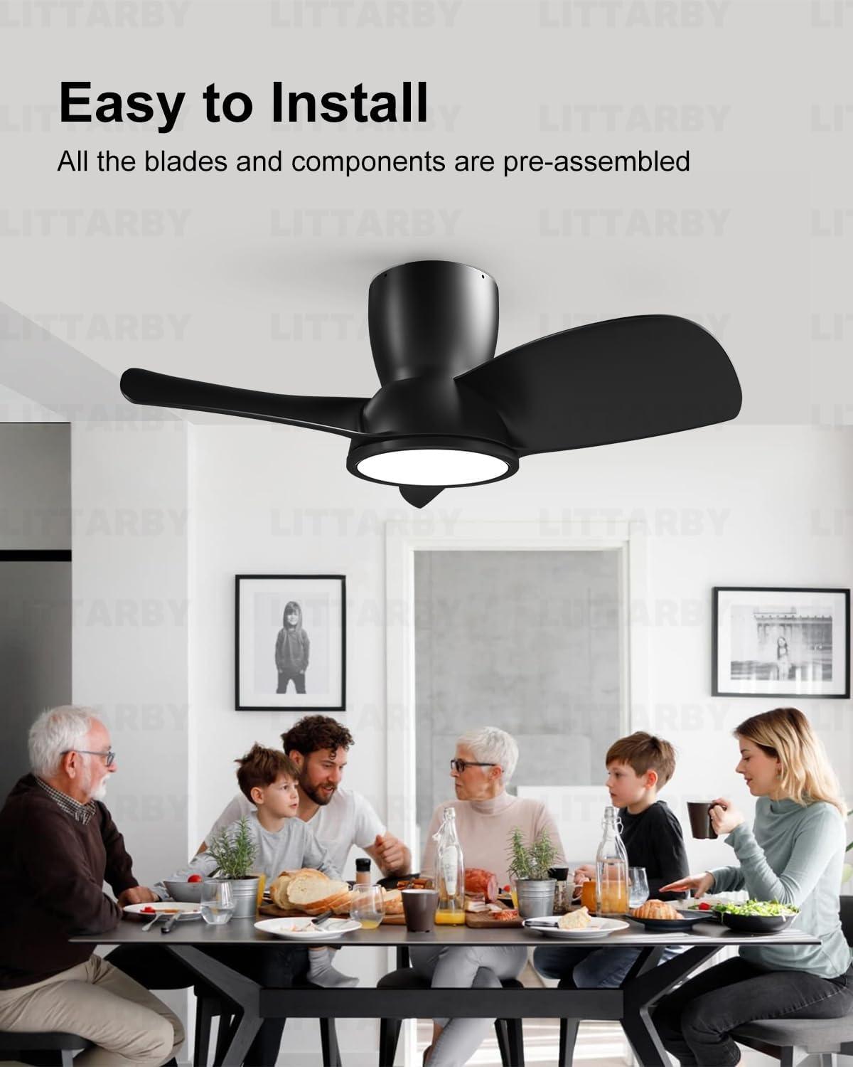 Ceiling Fans with Lights and Remote, 24 Inch Reversible Black Modern Dimmable 3CCT Flush Mount Ceiling Fans, Small Low Profile Ceiling Fan with Light for Bedroom, Kitchen, Living/Kids/Dining Room