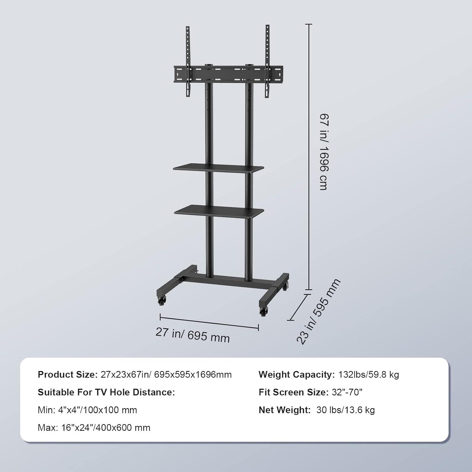 Black Adjustable Mobile TV Stand with Double Tray for 32-70 inch TVs