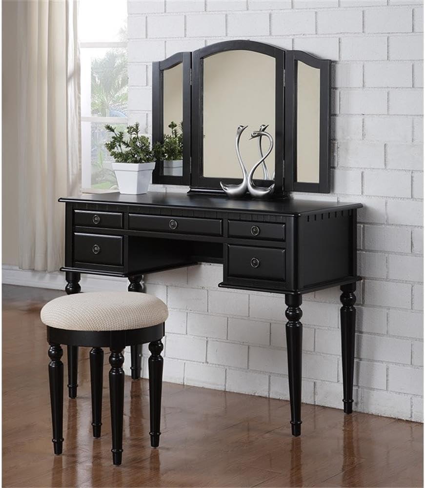 Bobkona St. Croix 3 Fold Mirror Vanity Table with Stool Set, Black