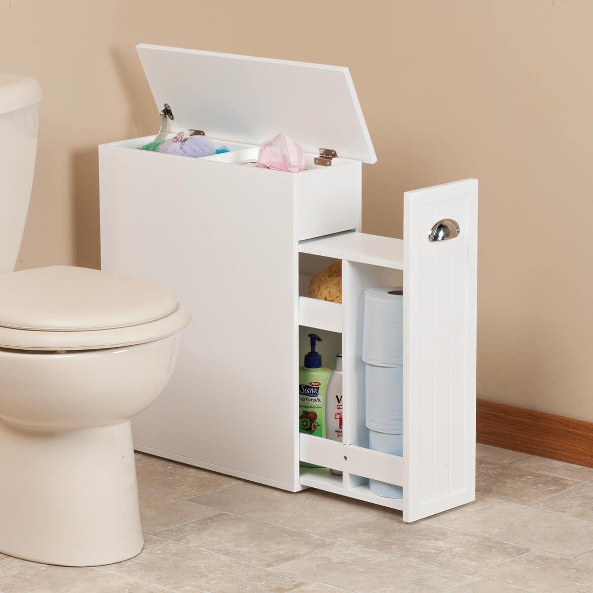 OakRidge Slim Bathroom Storage Cabinet with Slide-Out Shelf & Hinged Lid, 7-In. Wide, White